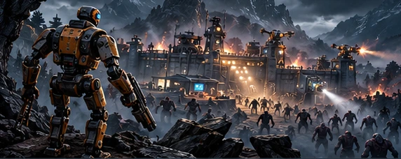 Early-stage concept illustration of a lone robot overlooking an automated settlement under attack