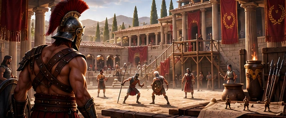 Independent concept illustration of a gladiator household and training courtyard in Ancient Rome