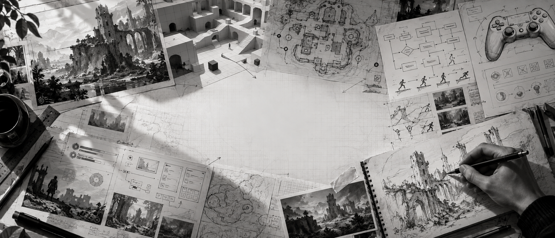Monochrome game design workspace with level sketches, environment concepts, system diagrams and a hand drawing in a notebook